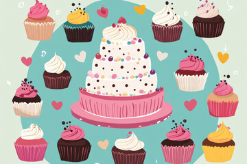Colorful cake with cupcakes and hearts on teal background