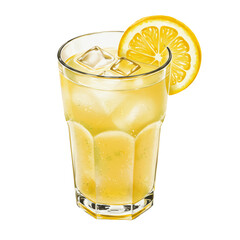 Glass Of Lemonade With Ice Cubes And Lemon Slice On Transparent Background