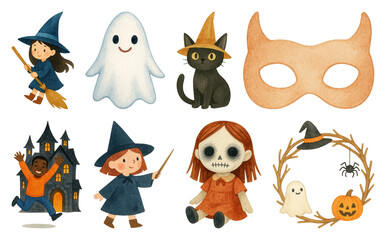 Naklejka premium PNG Whimsical Halloween characters and symbols, element set on transparent background