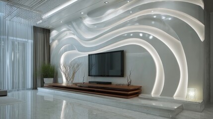 Modern living room featuring a wave-patterned wall with built-in lighting and a sleek television