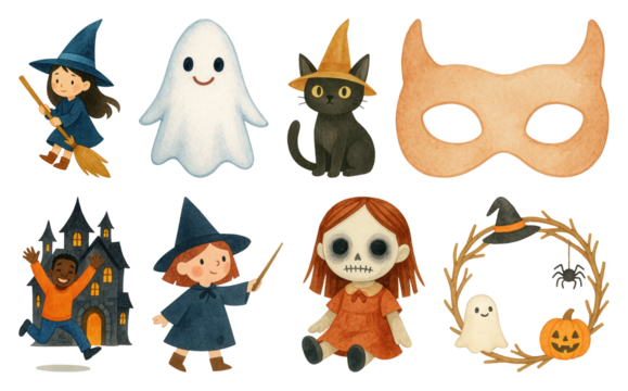 PNG Whimsical Halloween characters and symbols, element set on transparent background