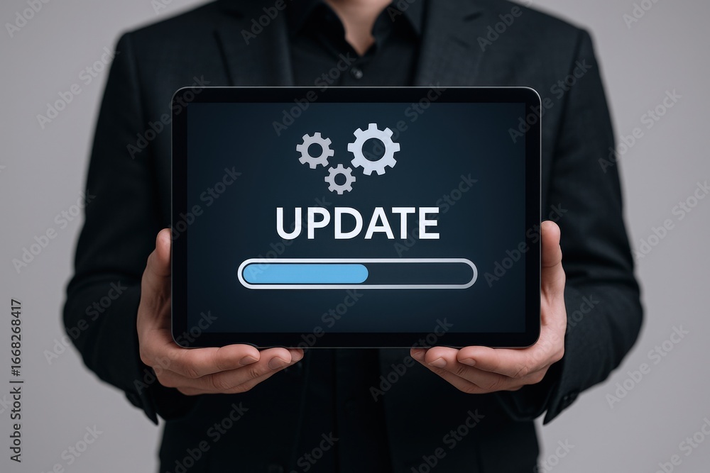 Poster man holding tablet displaying software update progress bar, system upgrade and maintenance