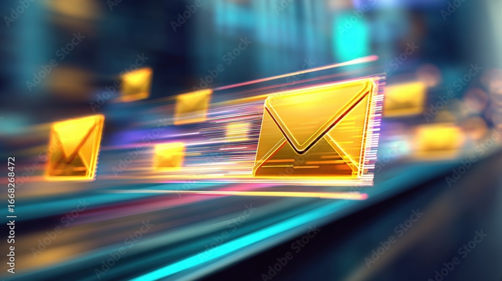Poster digital communication: golden envelopes conveying electronic messages through high-speed data stream