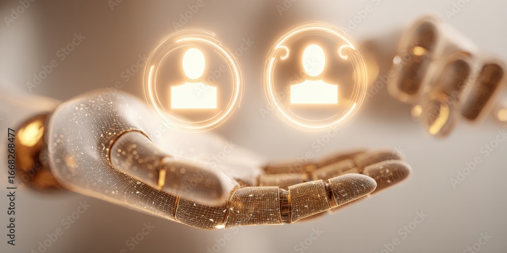 Poster artificial intelligence hand holding glowing user icons symbolizing connection, technology and netwo