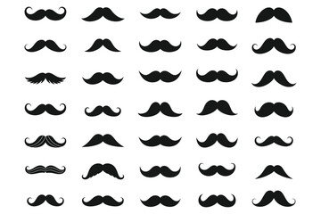 Thirty five black mustache silhouettes vector icons isolated on white background