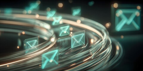 Abstract Digital Communication Network with Email Icons Flowing Through Fiber Optic Cables, Representing Connectivity