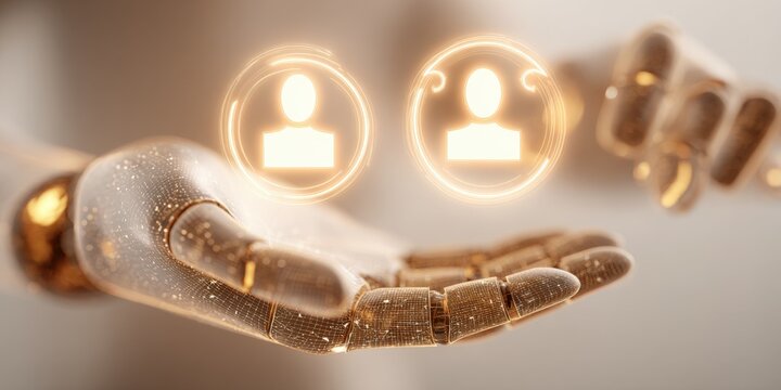 Artificial intelligence hand holding glowing user icons symbolizing connection, technology and network concepts