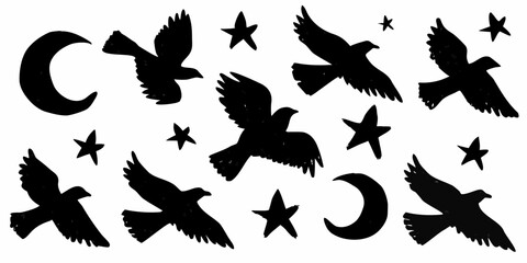 Hand drawn black silhouettes of birds stars and moon on white background
