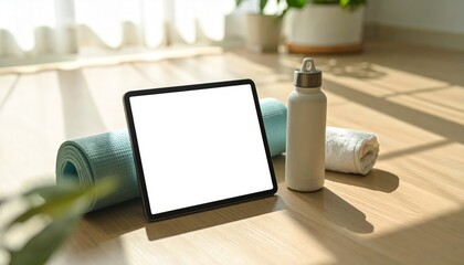 Tablet mockup with yoga mat and water bottle