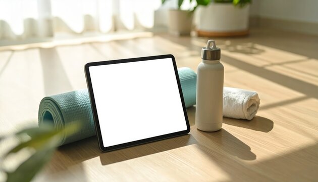 Tablet mockup with yoga mat and water bottle