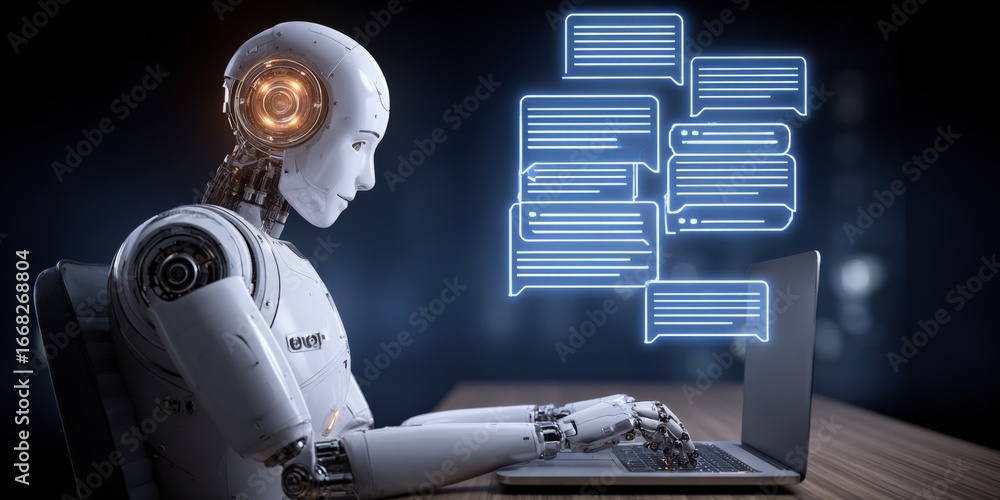 Poster cyborg typing on laptop with chat bubbles illustrating artificial intelligence and communication tec