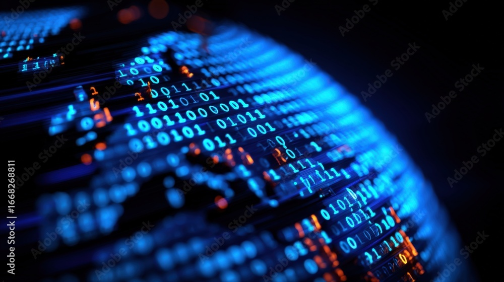 Poster abstract globe displaying binary code, depicting digital information, data transmission, and technol