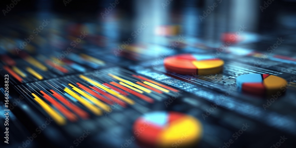 Poster abstract financial data visualization with bar graphs, pie charts, and line graphs for business anal