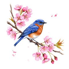 青い鳥が桜の花咲く枝に止まり透明背景水彩画イラスト