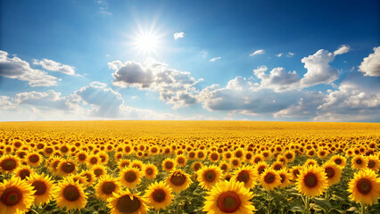 Fototapeta premium Vast sunflower field under a bright sun and blue sky with clouds sunflowers flowers