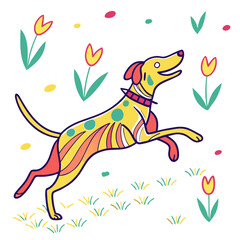 Happy dog running in a field of flowers