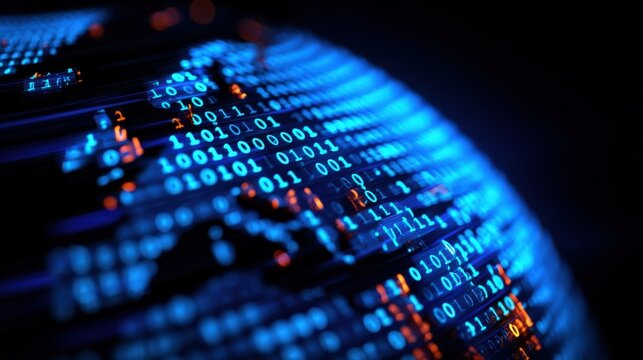 Abstract Globe Displaying Binary Code, Depicting Digital Information, Data Transmission, and Technological Innovation