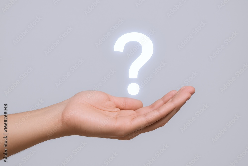 Poster hand holding glowing question mark symbol depicting inquiry, uncertainty and problem solving concept