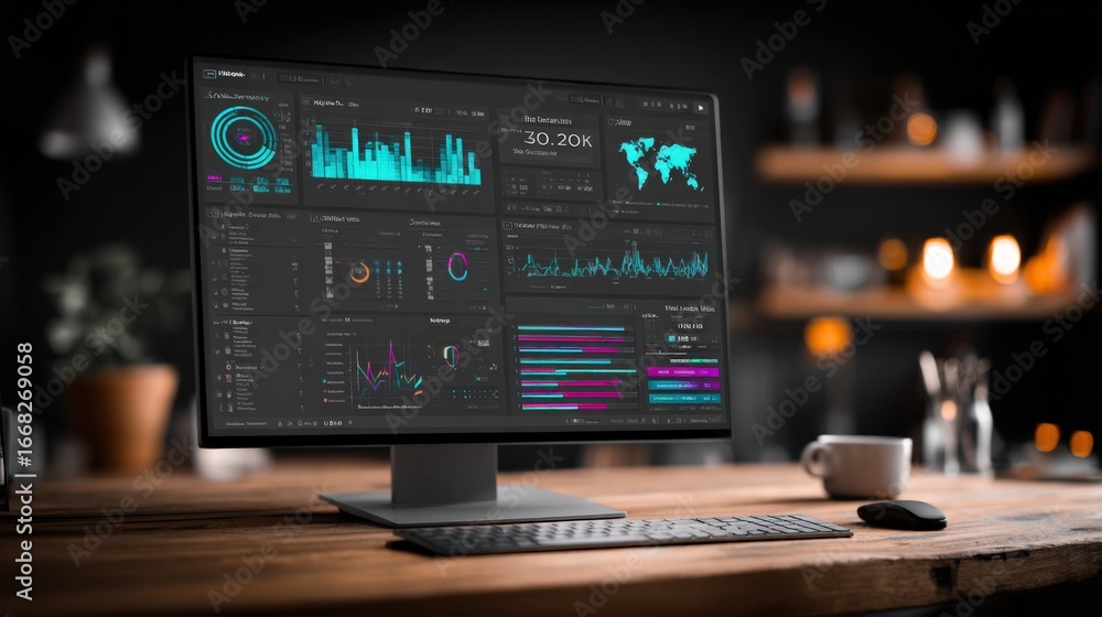 Poster data analytics dashboard displayed on a modern computer monitor, illustrating business intelligence 