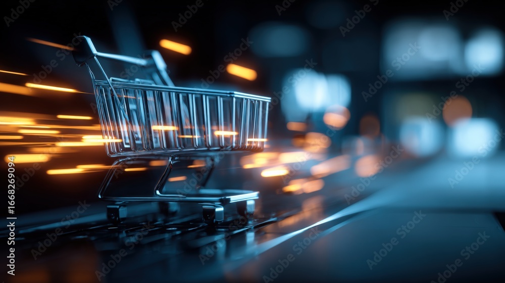 Poster dynamic shopping cart speeding through digital space, highlighting e-commerce and fast delivery