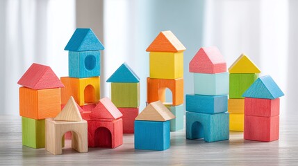 Colorful wooden building blocks arranged to resemble houses. Toy blocks for kids. Architectural model. Preschool learning and creative play.