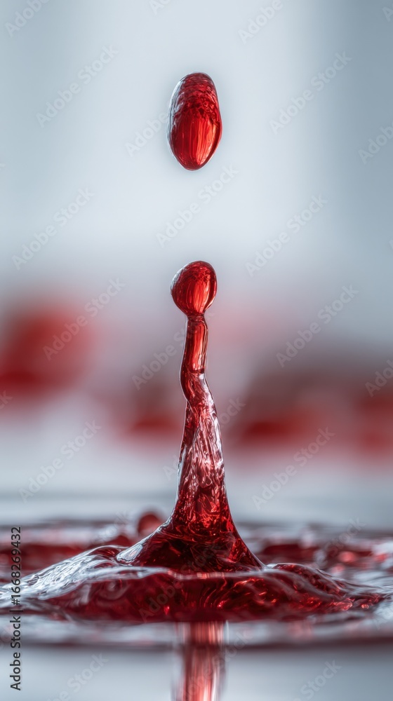 Poster high-speed photography capturing a red liquid drop impacting a smooth surface with abstract splash f