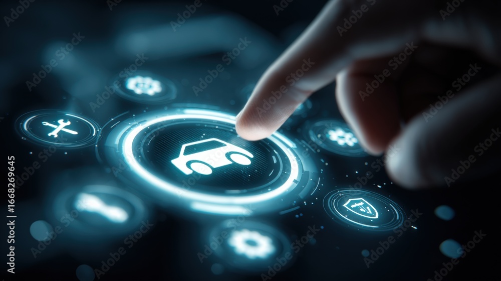 Aufkleber automotive digital interface: finger touching car icon on a futuristic dashboard display with servic
