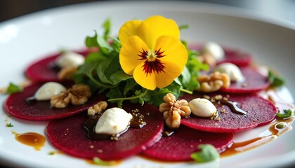 Vibrant beetroot carpaccio garnished with creamy goat cheese, crunchy walnuts, fresh arugula. Bright yellow edible flower adds beauty. Drizzled with balsamic glaze, dish offers gourmet, healthy