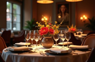 Elegant table setting for private dining experience. Features white tablecloth, place settings with napkins, silverware, glassware. Vibrant floral centerpiece with red, yellow flowers adds warmth.
