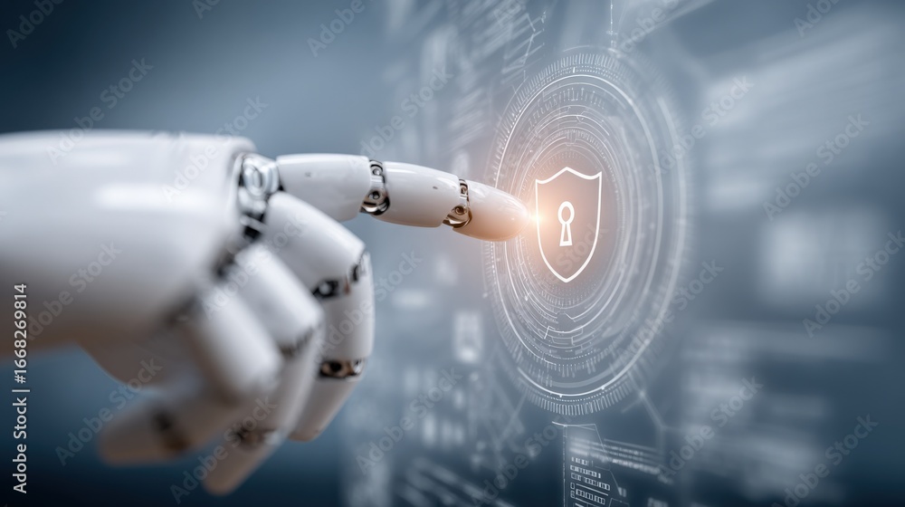 Poster ai cyber security: robot hand activating digital shield for data protection and network security
