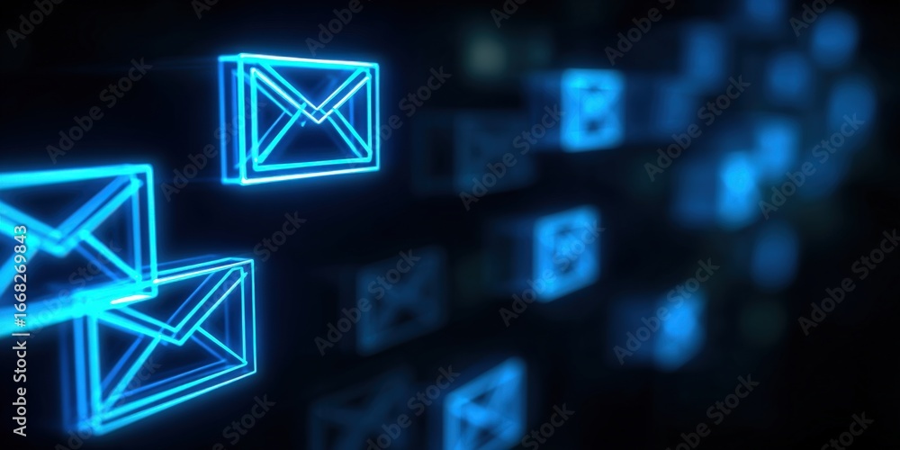 Poster digital email communication abstract concept with glowing neon envelopes floating in a virtual space
