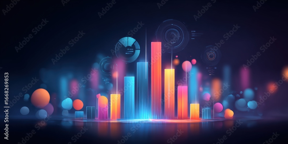 Poster abstract data visualization with glowing charts and futuristic elements on dark background