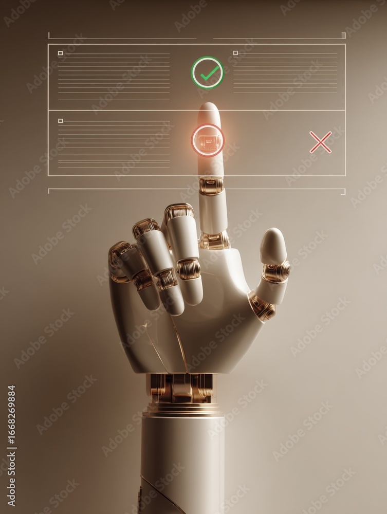 Aufkleber robotic hand interacting with a virtual interface, displaying approval and rejection symbols for fut