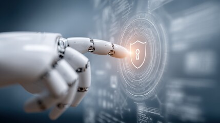 AI Cyber Security: Robot Hand Activating Digital Shield for Data Protection and Network Security