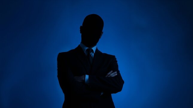 businessman without face crossed arms blue background