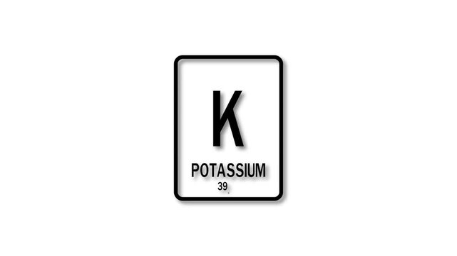POTASSUM as Element 19 of the Periodic Table. Design shows name, atomic weight and element number. black background 4k animation.