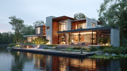 Obraz premium 3d rendering of modern house by the river house, luxury, villa, modern, architecture, building, exterior, residential, property, designer