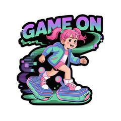 Obraz premium Retro Gamer Girl Game On Fun Illustration