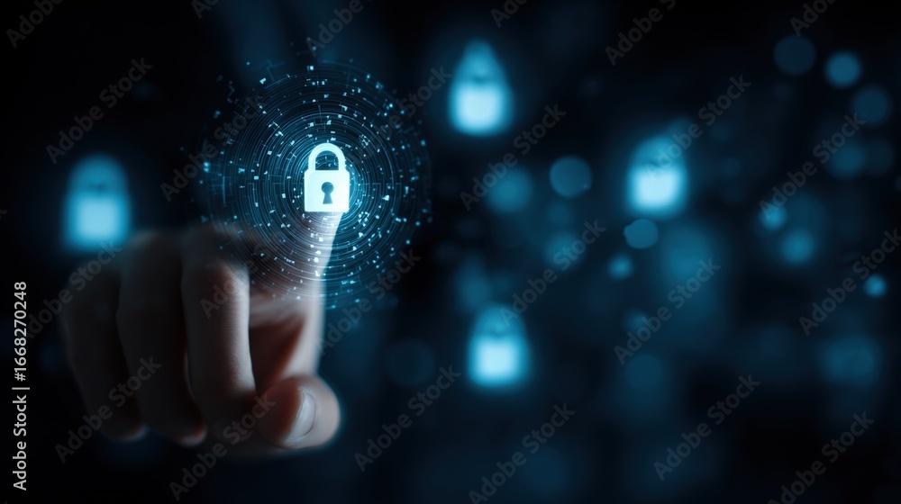 Poster data protection concept: finger touching digital padlock icon displayed with cybersecurity network i