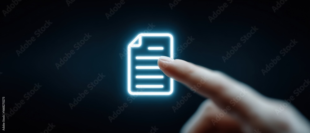 Poster document icon being pressed by a finger for business or technology applications with glowing effect