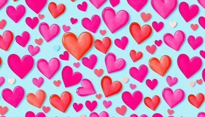 Vibrant seamless pattern of pink, orange, & blue hearts on light blue background Ideal for Valentine's Day ,  hearts pattern,  wallpaper