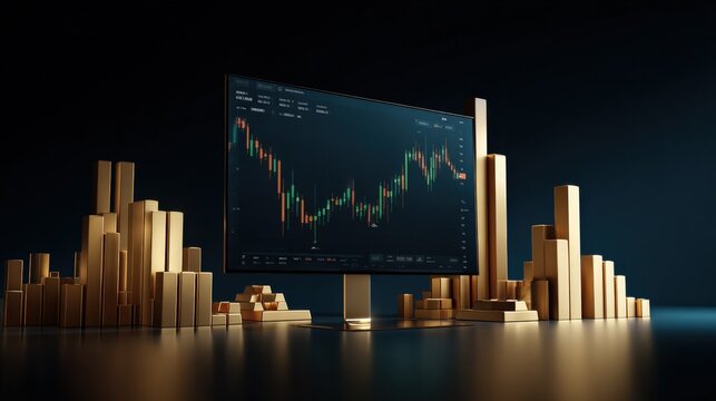 Financial Market Analysis Displayed on Computer Screen with Gold Bars, Investment Strategy and Wealth Concept