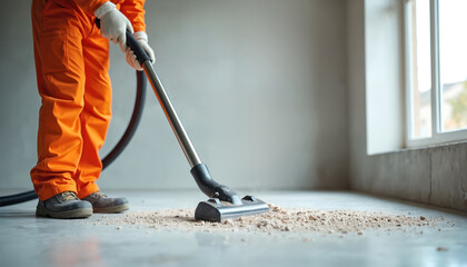 Worker in orange protective suit vacuums construction site dust. Floor cleanup in building interior during renovation. Pro cleaning service uses equipment and tools for job.