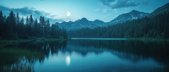 Serene Mountain Lake at Night with Full Moon