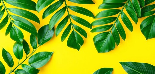 Vibrant yellow background showcases lush green tropical leaves arranged in a leaf pattern, ideal for summer themed designs,  texture,   bright
