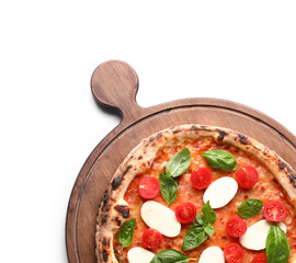 Wooden board with tasty pizza Margarita on white background