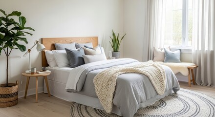 Bright and airy bedroom with a modern, minimalist design and neutral color palette.