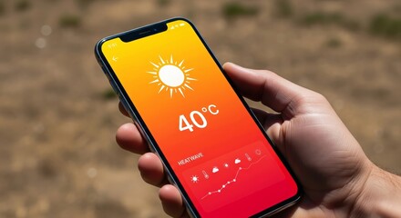Hand holding smartphone displaying extreme heat weather forecast with 40 degrees Celsius temperature alert in outdoor setting during summer heatwave