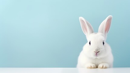 Obraz premium cute animal pet rabbit or bunny white color smiling and laughing isolated with copy space for easter background, rabbit, animal, pet, cute, fur, ear, mammal, background, celebration, generate by AI