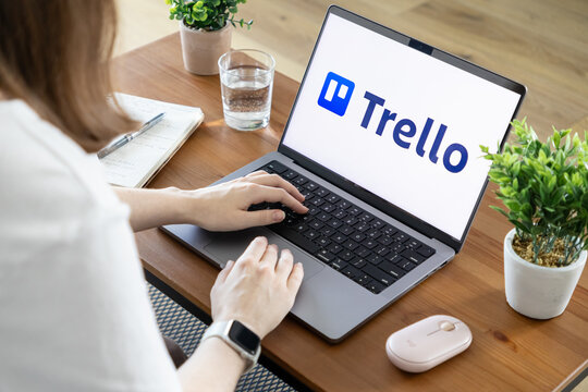 Poznan, Poland - August 23, 2025: Trello application on a laptop screen, actively used by a person working from home for digital project management